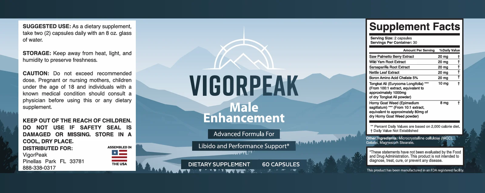 Vigor Peak Supplement Facts label showing all 7 ingredients and dosages