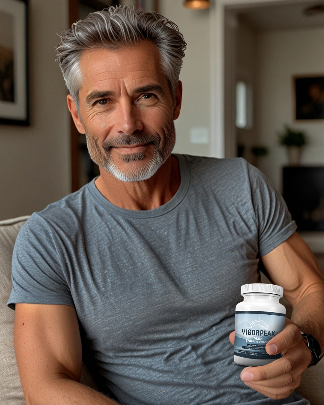 Mature man holding Vigor Peak bottle - confident and energetic